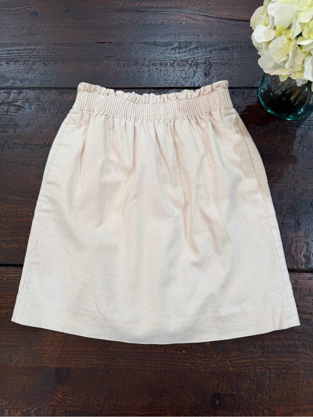 J.Crew Linen Cotton Blend City Skirt Paperbag Elastic Waist Pocket Cream Beige